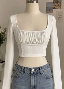 Chic White Ruched Long Sleeve Crop Top