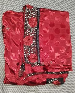 Red Saree with Polka Dots & Floral Embroidery