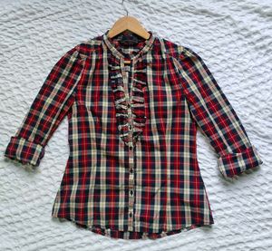 ZARA Chic Plaid Ruffle Button-Up Shirt
