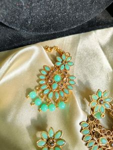 Ethnic Mint Light Green Earrings With Mangtika
