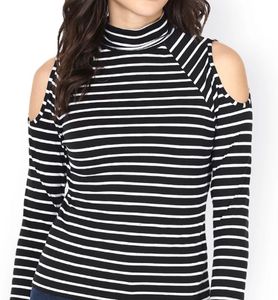 Black & White Striped Cold-Shoulder Top
