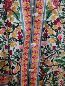 Ivory Kashmiri Aari Embroidered Woolen Long Jacket