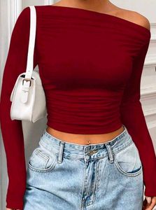 Burgundy One-Shoulder Long Sleeve Top