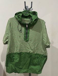 Green Striped Hooded Short Sleeve Top