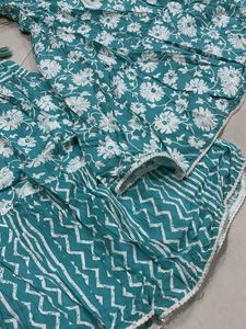 Teal Floral Print Kurta Set