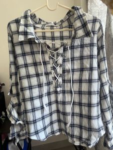 Blue & White Checkered Lace-Up Top