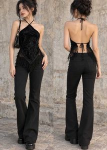 Black Halter Neck Fringe Top