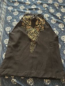 Embroidered Black Halter Neck Top