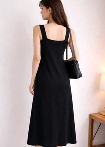 Chic Square Neck Sleeveless Black Midi Dress