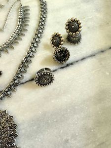 Oxidized Silver Mandala Necklace Set