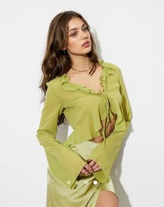 savana Lime Green Sheer Ruffle Tie-Front Top