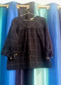 Navy Blue Plaid Bell Sleeve Top