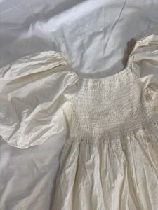 Cream Smocked Puff Sleeve Dress