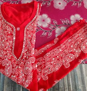 Red Chikakari Mirror Kurta