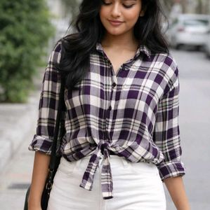 Purple Plaid Tie-Front Shirt