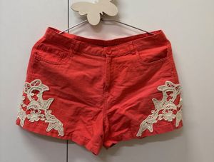 Red Lace Trim Denim Shorts