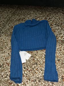 Blue Textured Cropped Turtleneck Top