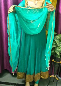 Elegant Teal Anarkali Suit with Gold Embellish