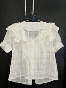 White Ruffle Neck Puff Sleeve Top
