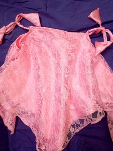 kids Pink Lace dress with Tie-Up Neck