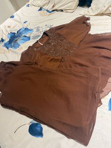 Brown Beaded Flared Top and pant