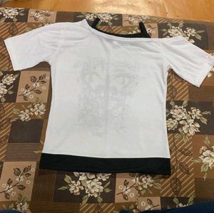 White &amp; Black Graphic Print Cold Shoulder Top