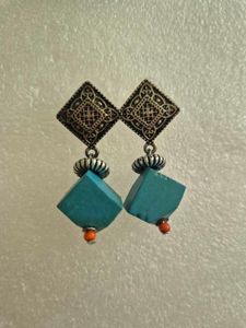 Customized Boho Teal Square Drop Earrings- Unused