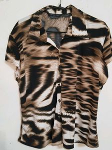 TERRENOVA Animal Print Short Sleeve Button-Up Top