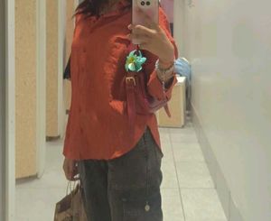 Textured Coral-red oversized shirt women