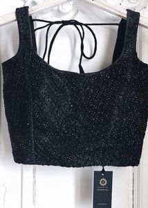 Black Sequin Crop Top White Floral Embroidered