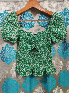 Bershka Green Floral Smocked Crop Top