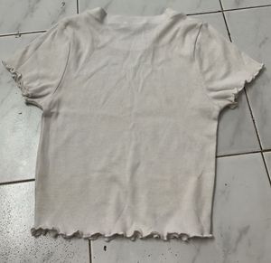 White Ribbed Lettuce Hem T-Shirt
