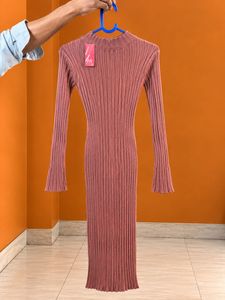 Women’s Dusty Pink Ribbed Bodycon Midi Dress