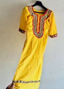 Vibrant Yellow Mirror Work Kurta with pink chudida