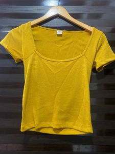 SSS Yellow Ribbed Square Neck Top