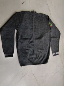 Gray Cardigan with Striped Trim school sweater