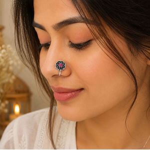 Oxidized Clip On Nose Pin with Pink Stone