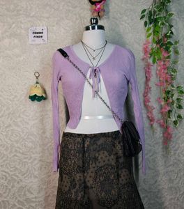 Lavender Tie-Front Ribbed Cardigan