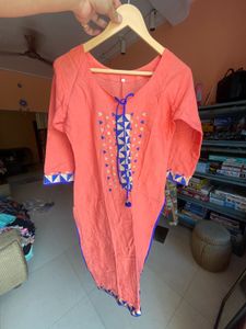 Pretty Peach Kurta with Blue Detail