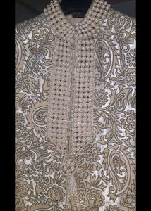 Wedding Sherwani Men Manyavar Red, White &amp; Cream