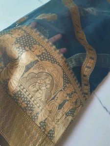 Elegant Teal Saree with Gold Border