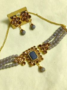 Elegant Grey Bead Necklace & Earring Set