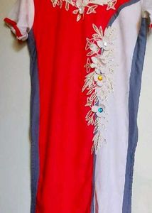 Red & White Embroidered Kurta