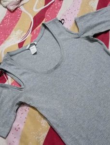 Grey Cold Shoulder Ribbed Dress