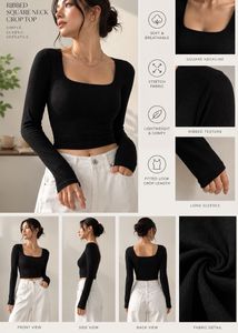 Black Square Neck Ribbed Long Sleeve Top