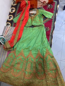 Stunning Green &amp; Red Embroidered Lehenga