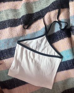 White Graphic Halter Neck Crop Top