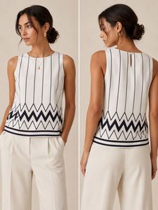 White and Black Geometric Sleevless  Top