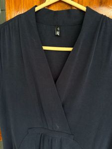 Navy Blue Midi Wrap Dress with Pockets