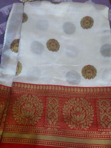 Elegant White Saree with Red Border